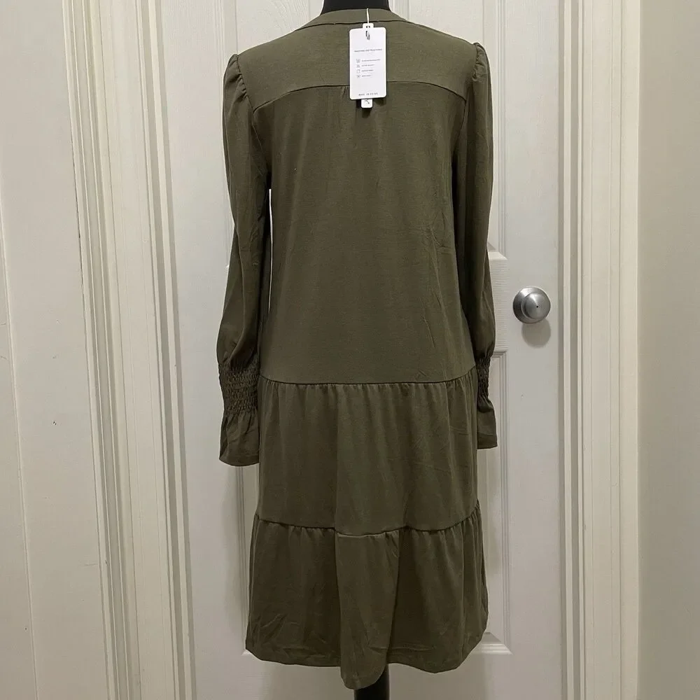 New Marokeety Long Sleeve Ruffle Midi Dress Olive V-Neck Pockets Women's‎ Small